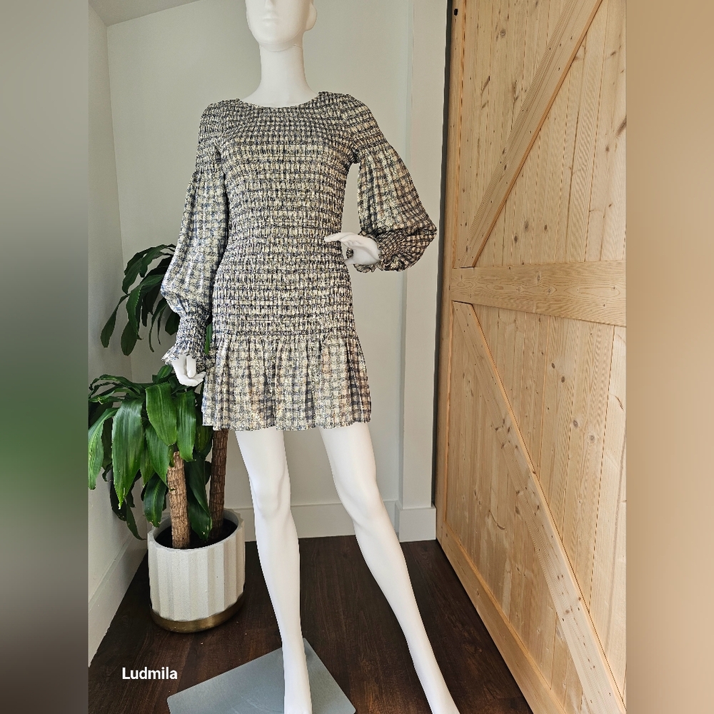 LoveShackFancy Size S Women's Sparkly‎ Checkered Print Mini Dress
